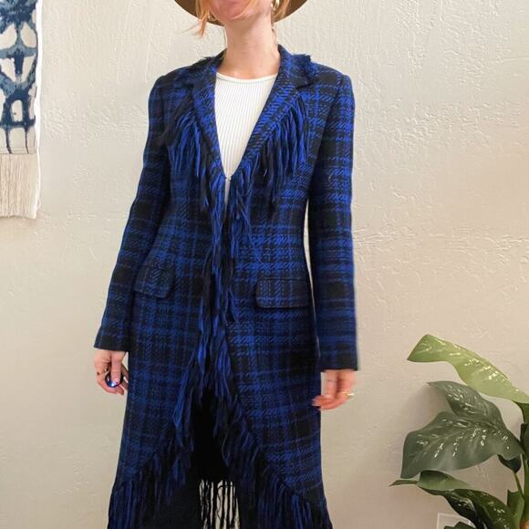 Vintage 100% Wool Blue Plaid Fringe Longline Blazer Jacket Coat - Picture 2 of 8